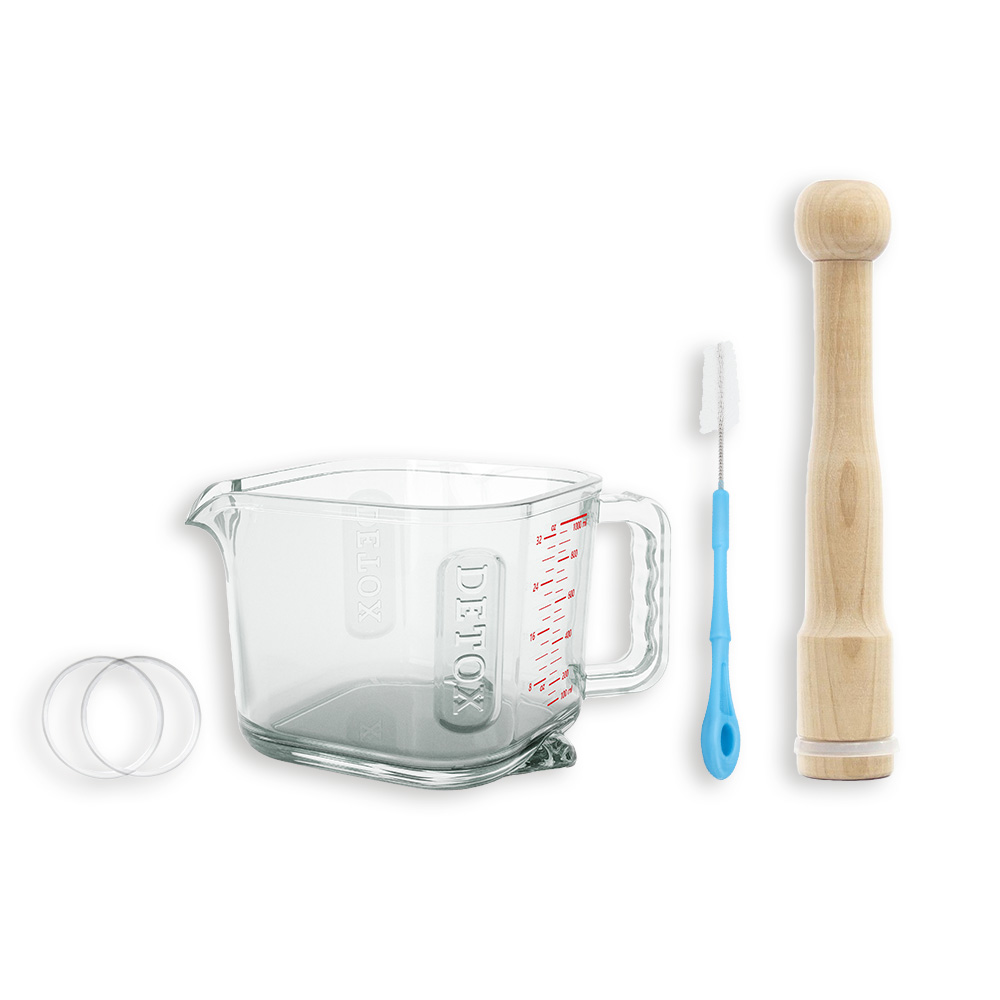 EXTRA Geschenk-Set: Saft-Auffanggefäß aus Glas, Reinigungsbürste – rund, Holzstopfer mit Silikonring + 2er-Set Dichtungen (Wert 70 €)